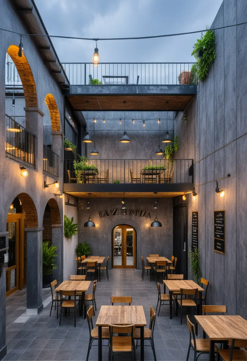 Two story industrial restaurant with cozy rooftop terrace