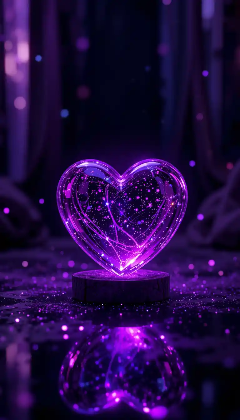 Glowing glass heart in a dark purple lit room