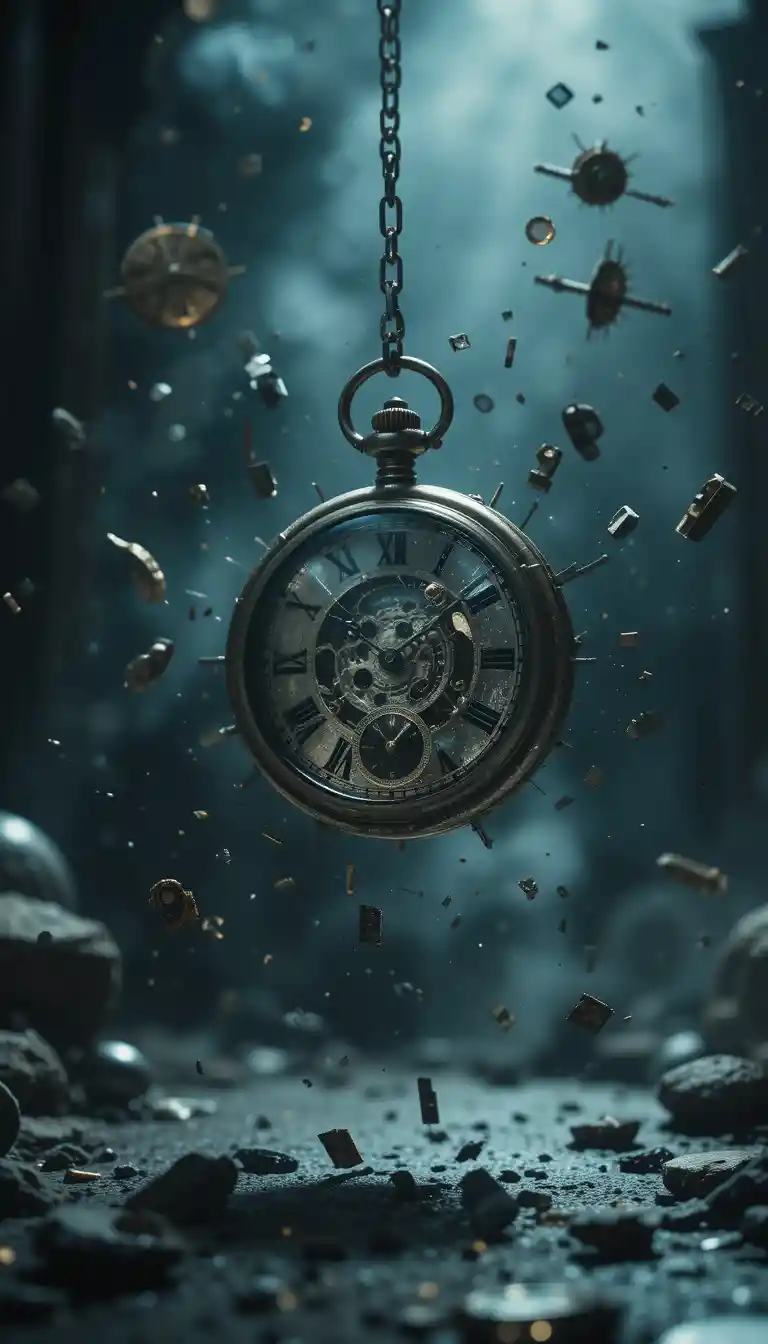 Broken pocket watch floating in a surreal dark scene