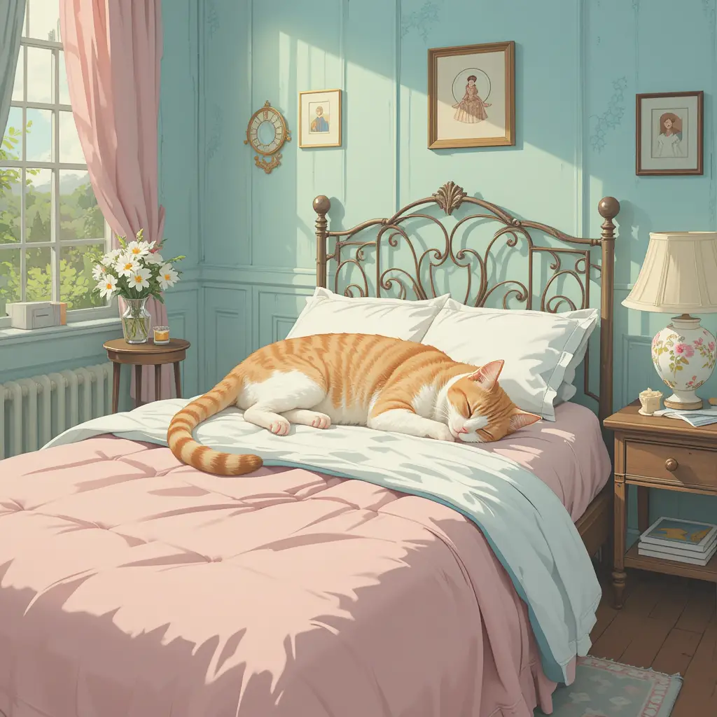 Sleeping cat on a bed in a pastel vintage bedroom