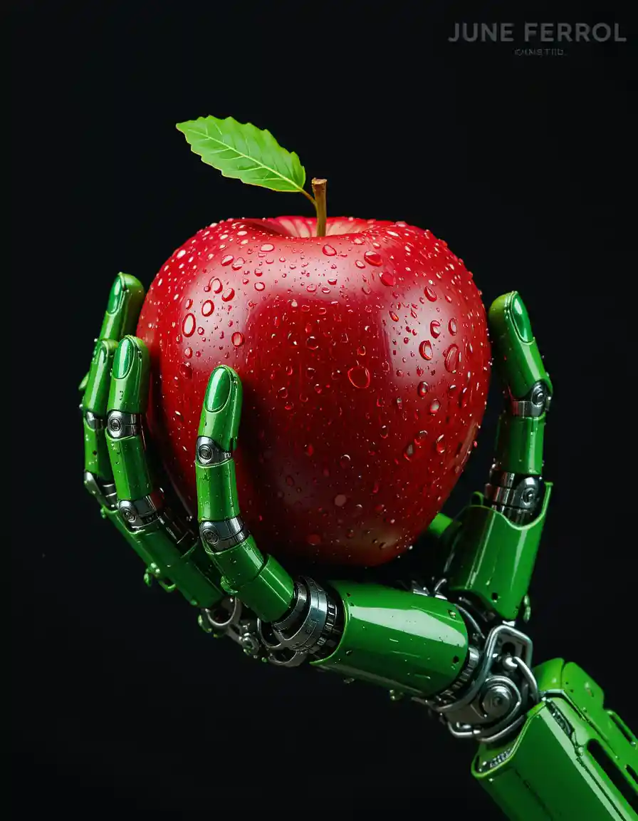 Robotic green hand holding a red apple on black