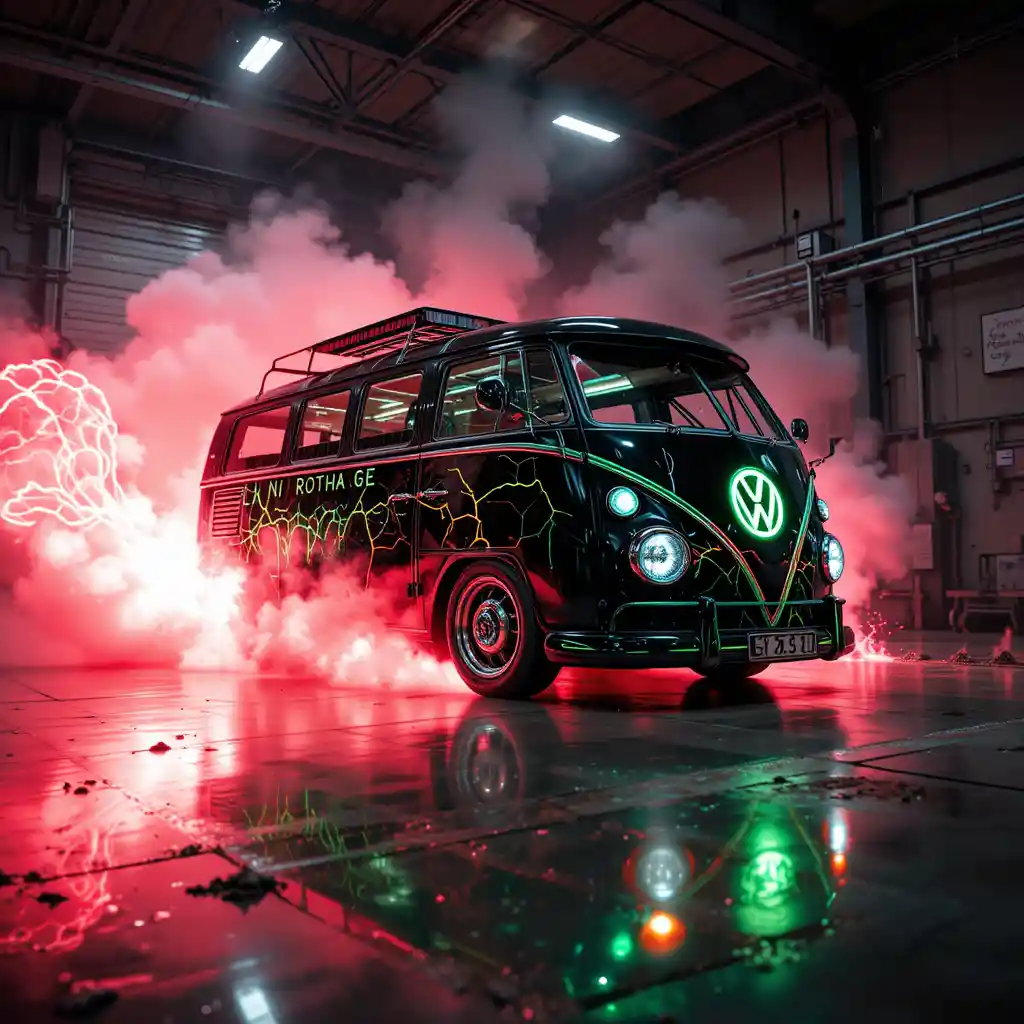 Schwarzer Lieferwagen driftet in einer Industriegarage