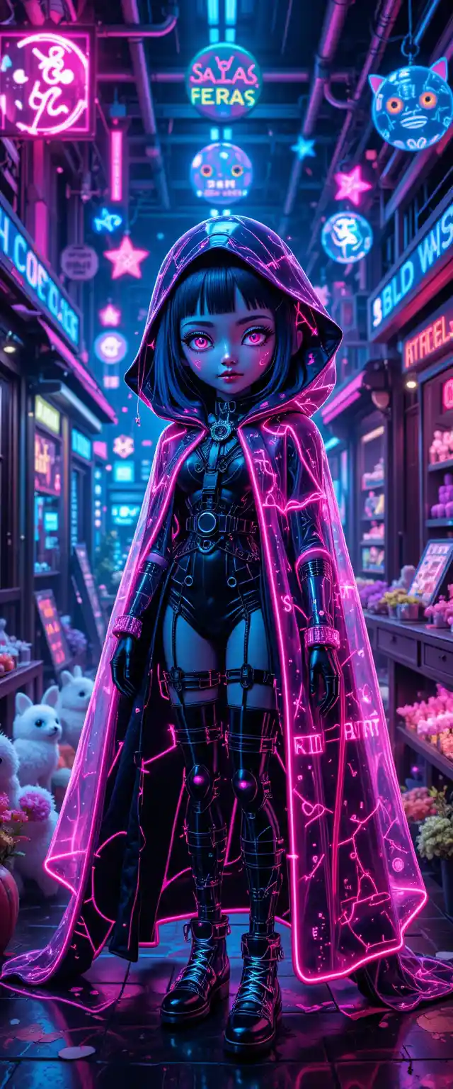 Holographic neon dealer doll in cyberpunk market