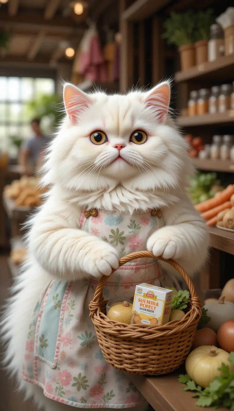 Cute white cat shopping at a cozy countryside market