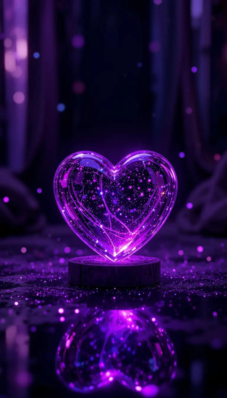 Glowing glass heart in a dark purple lit room