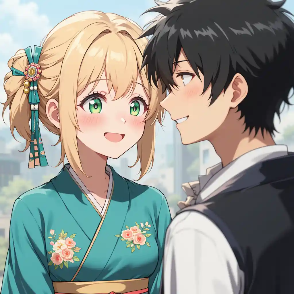 Ragazza anime bionda in kimono verde acqua che sorride a un ragazzo
