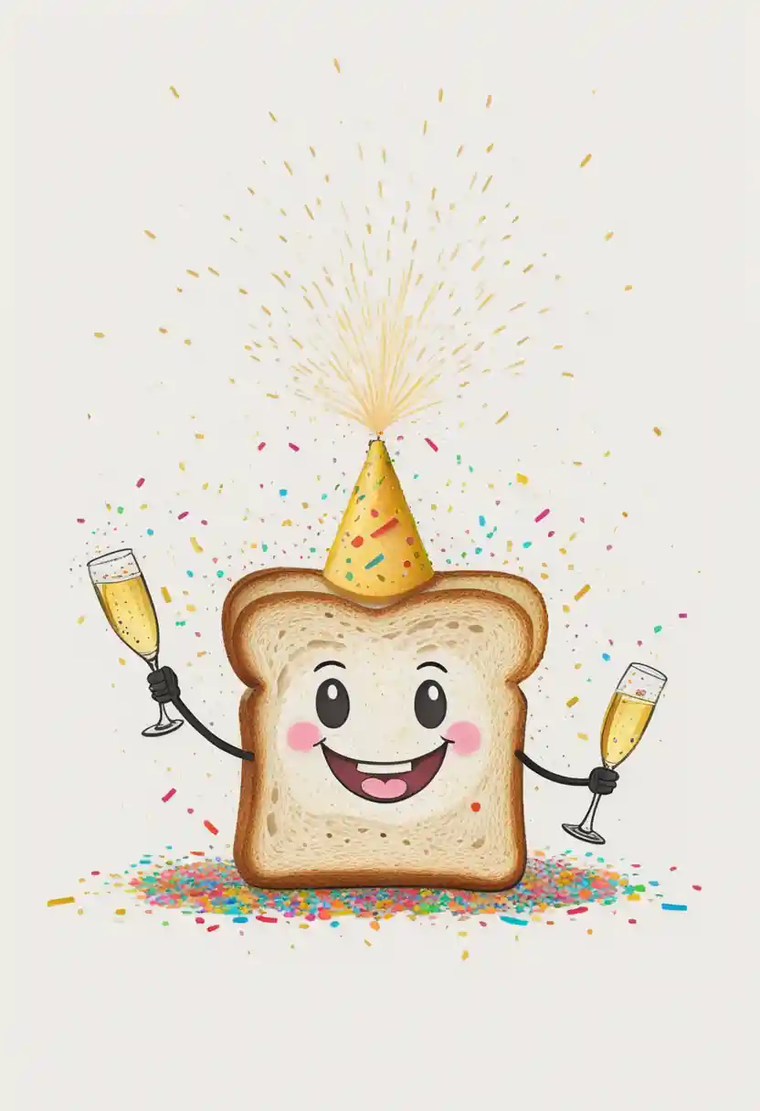 Fetta di toast carina e sorridente con cappellino da festa e champagne