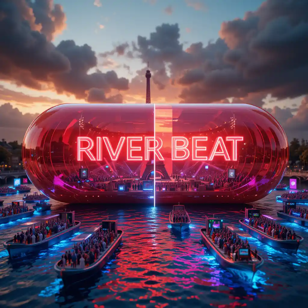 Futuristic red capsule revealing a tiny Paris river festival