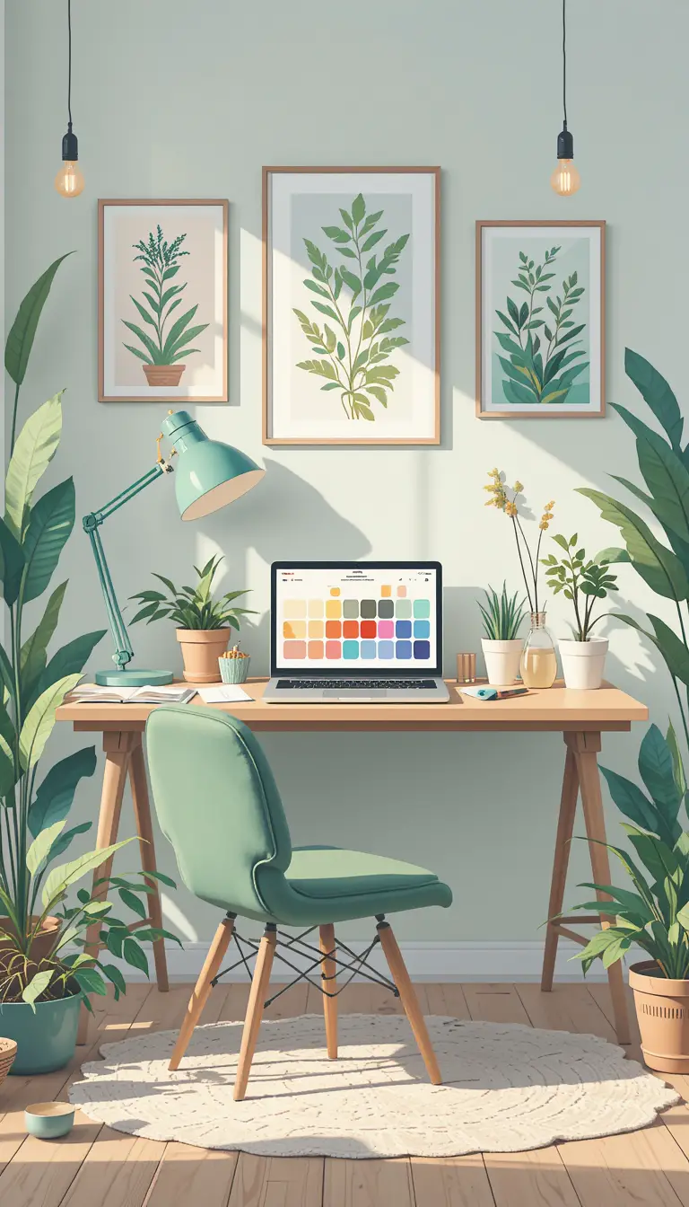 Cozy pastel home office illustration with plants and desk