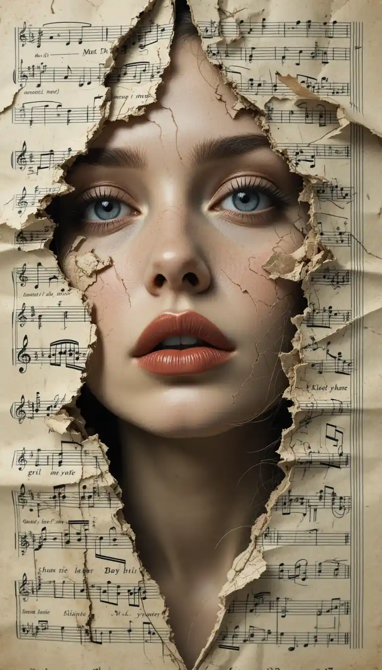 Surreal portrait of a woman emerging from torn sheet music