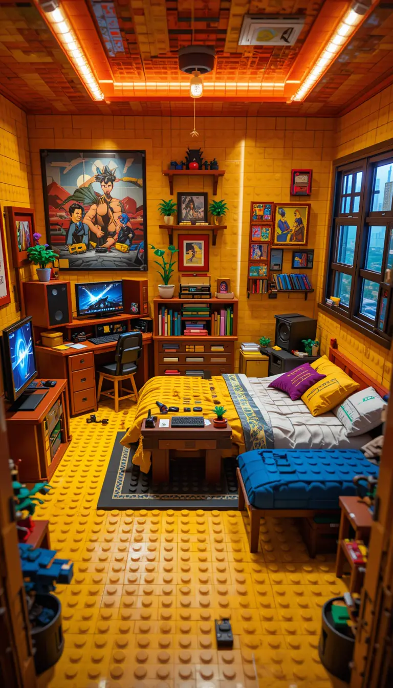 Colorful lego bedroom with gamer desk and pc setup