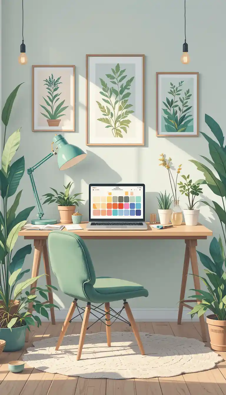 Illustration de bureau à domicile cosy en tons pastels avec plantes et bureau