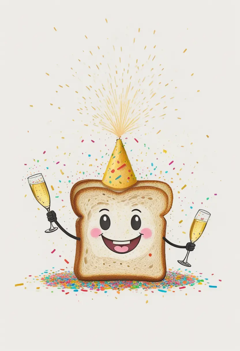 Cute smiling toast with party hat and champagne