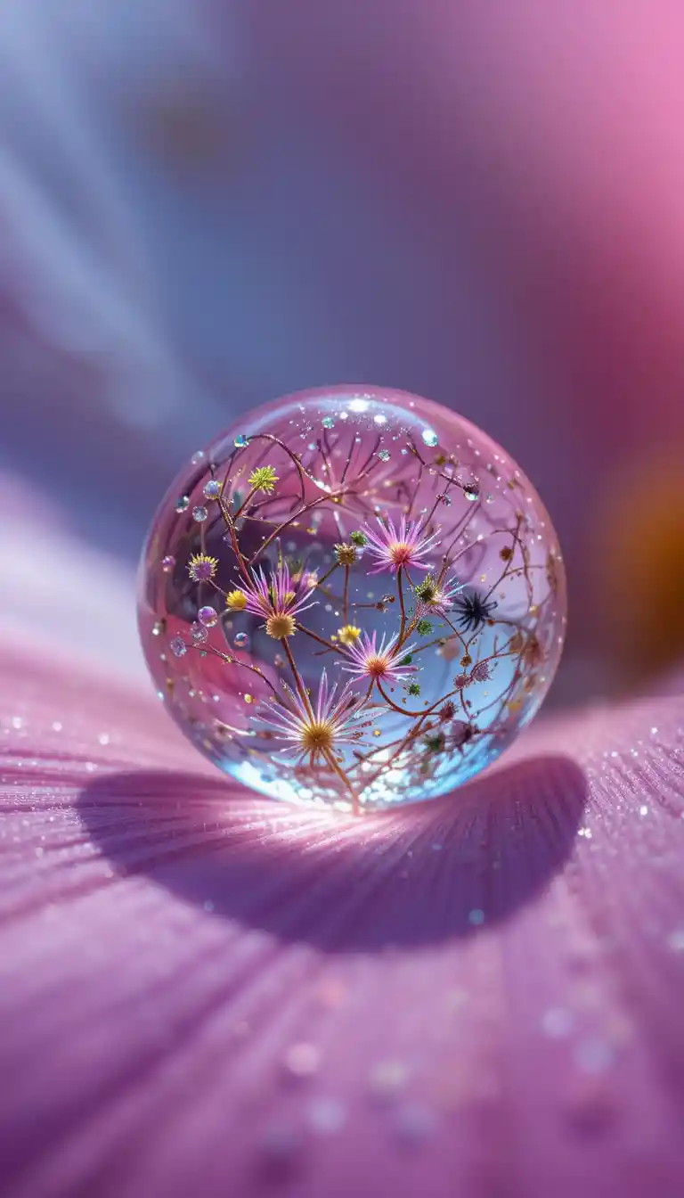 Crystal water droplet magnifying a tiny world on petal