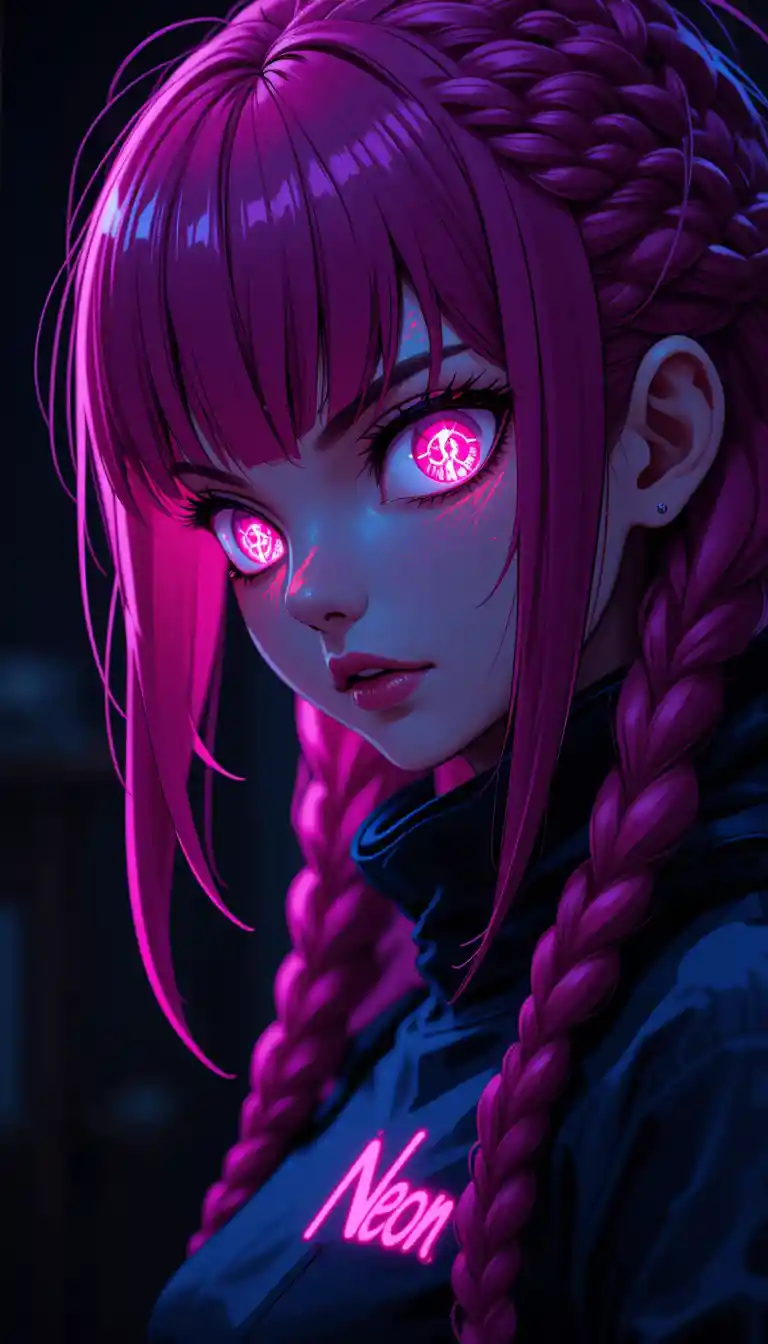 Intense Anime Girl With Neon Pink Braided Hair