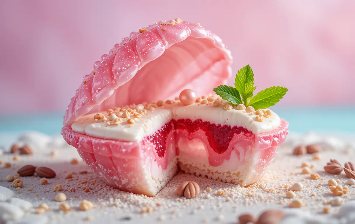 Pink clam shell dessert cake with pearl like candy