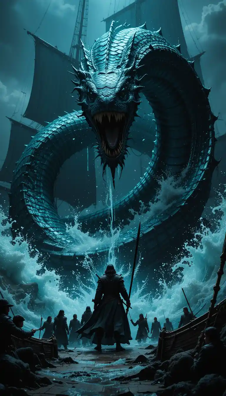 Sinbad Confronts A Giant Sea Serpent Attacking His Ship