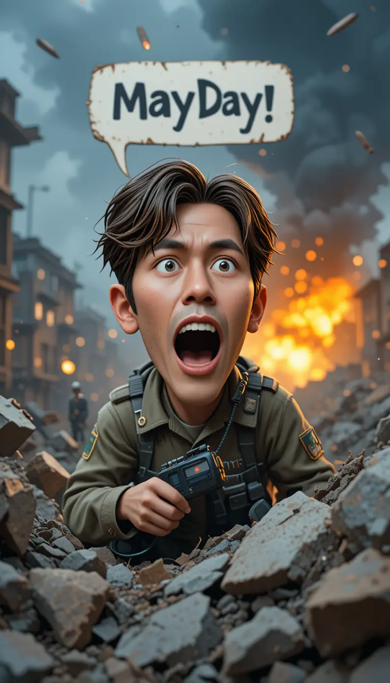 Soldier Taking Cover Behind Rubble In Burning War Zone