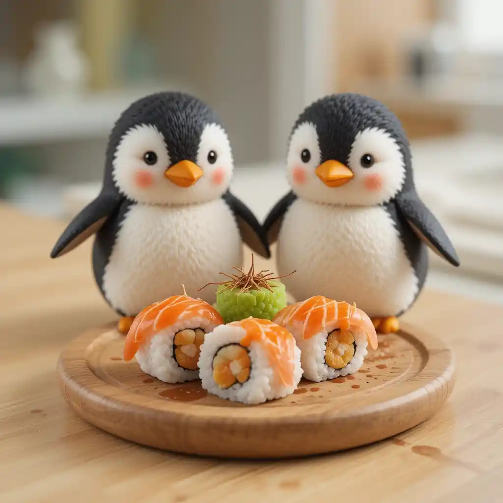 Süßes Sushi auf Holzplatte mit flauschigen Pinguinen, die zusehen