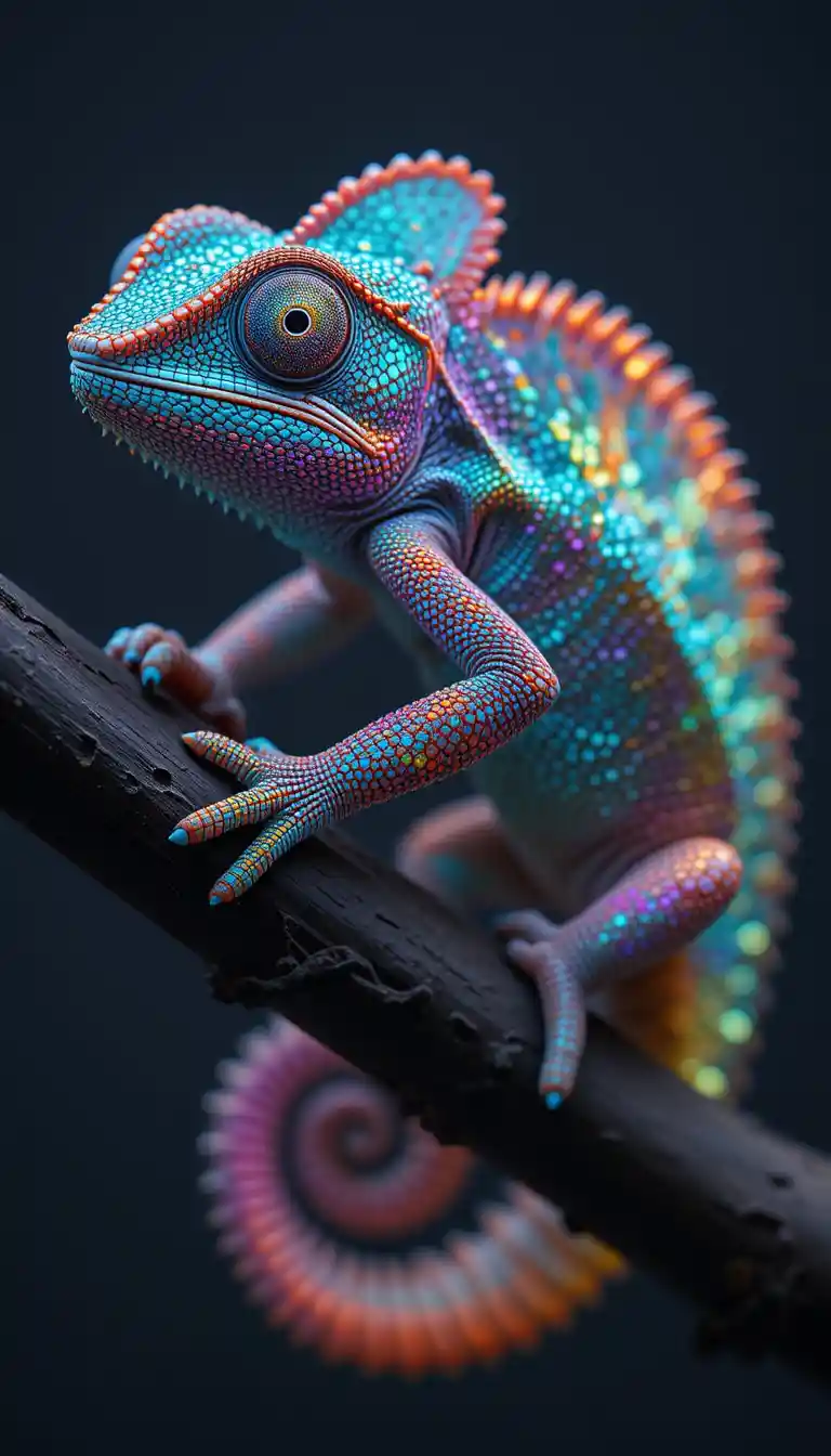 Macro studio chameleon shifting iridescent colors on dark branch