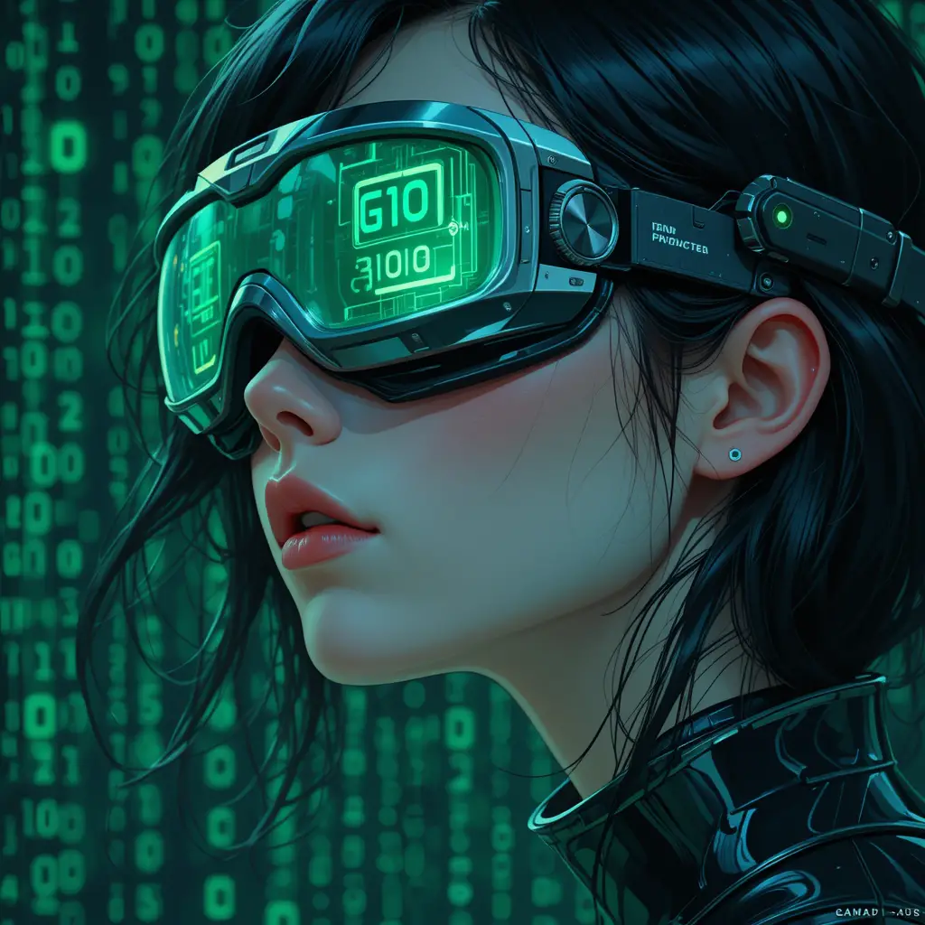 Futuristic woman in profile with glowing digital goggles