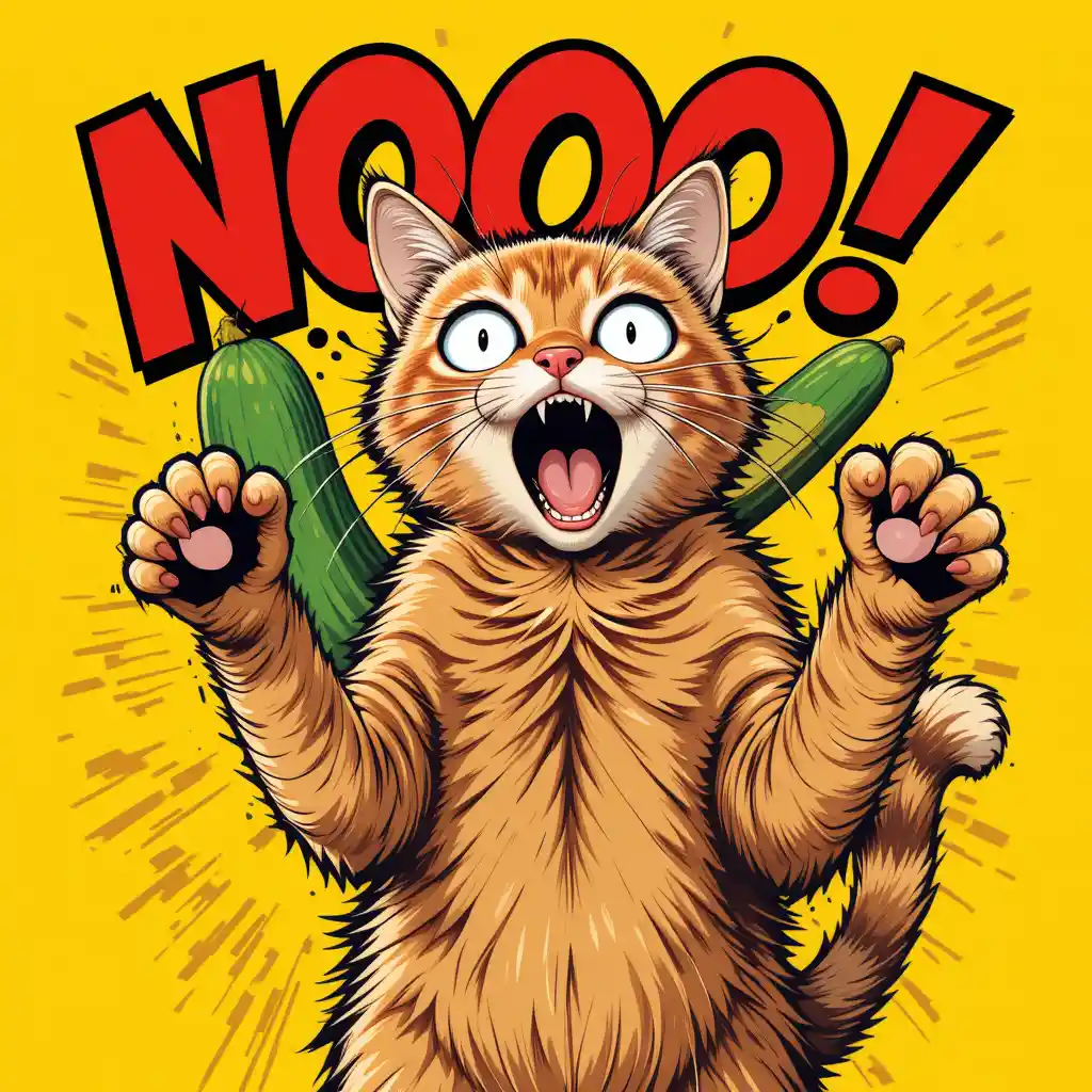 Gatto cartoon che salta fuori da un cetriolo in design di t-shirt a fumetti