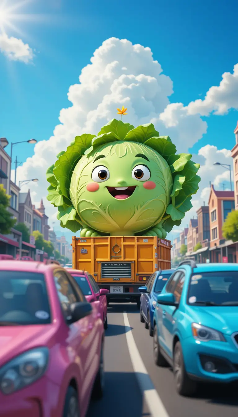 Playful cabbage character riding a truck in city traffic