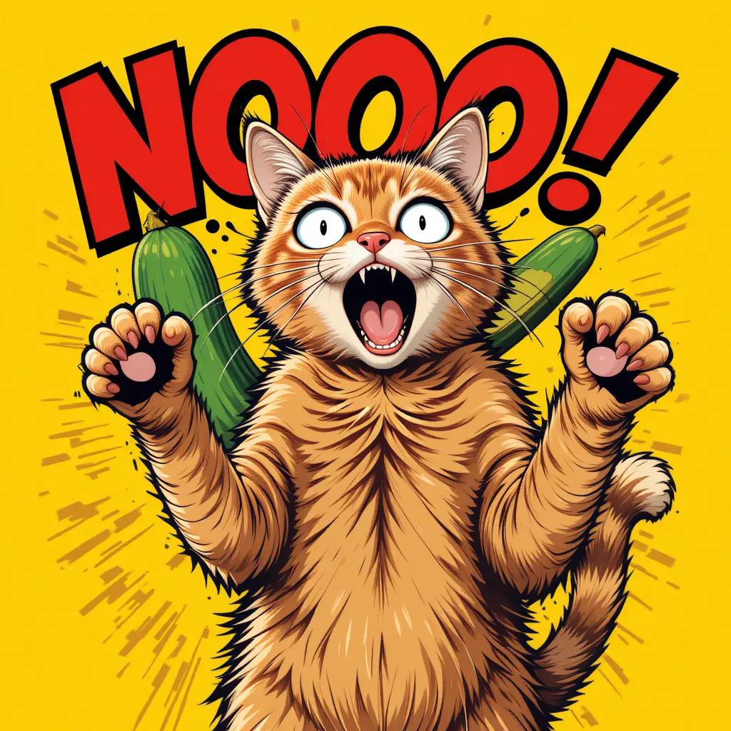 Cartoon Cat Leaping From Cucumber In Comic T Shirt Design
