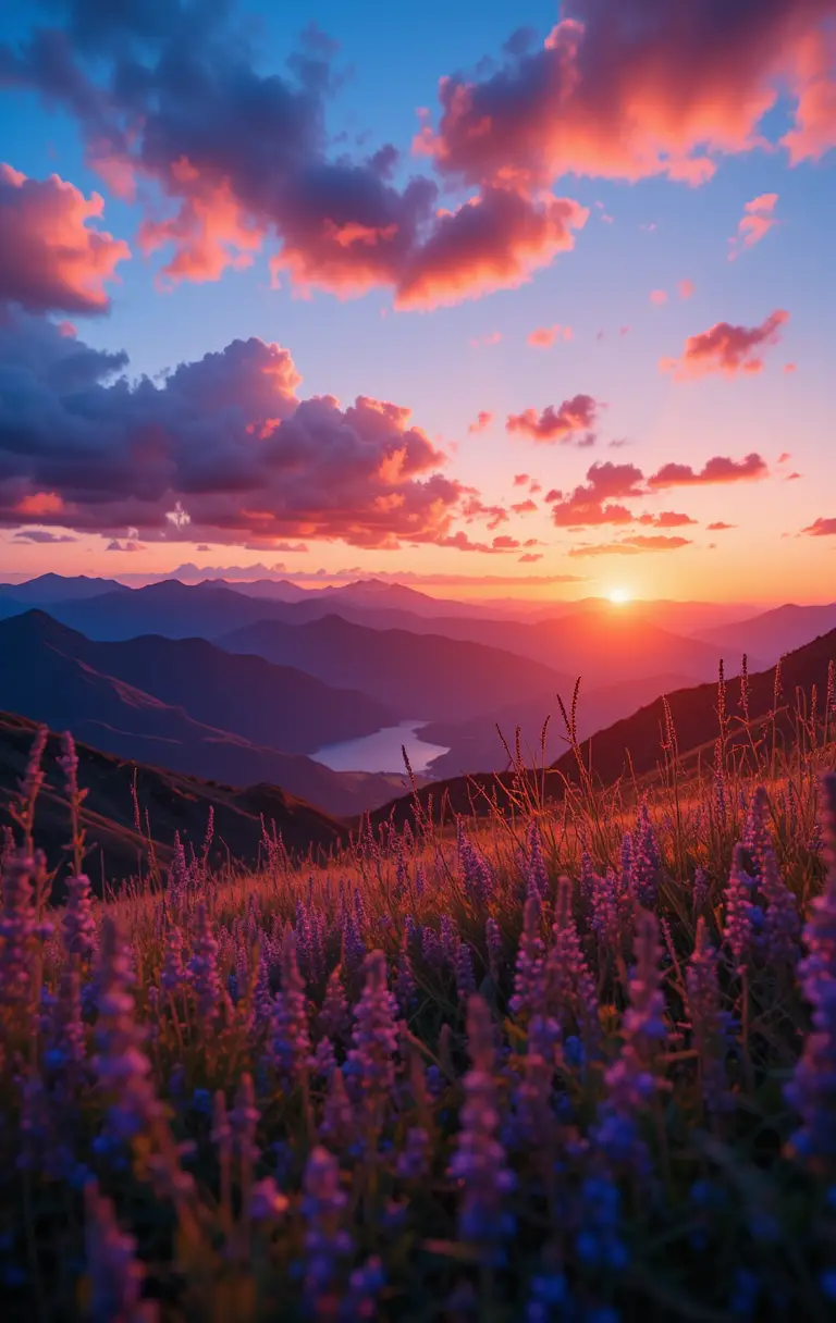 Orange sunset over mountains with purple wildflowers foreground