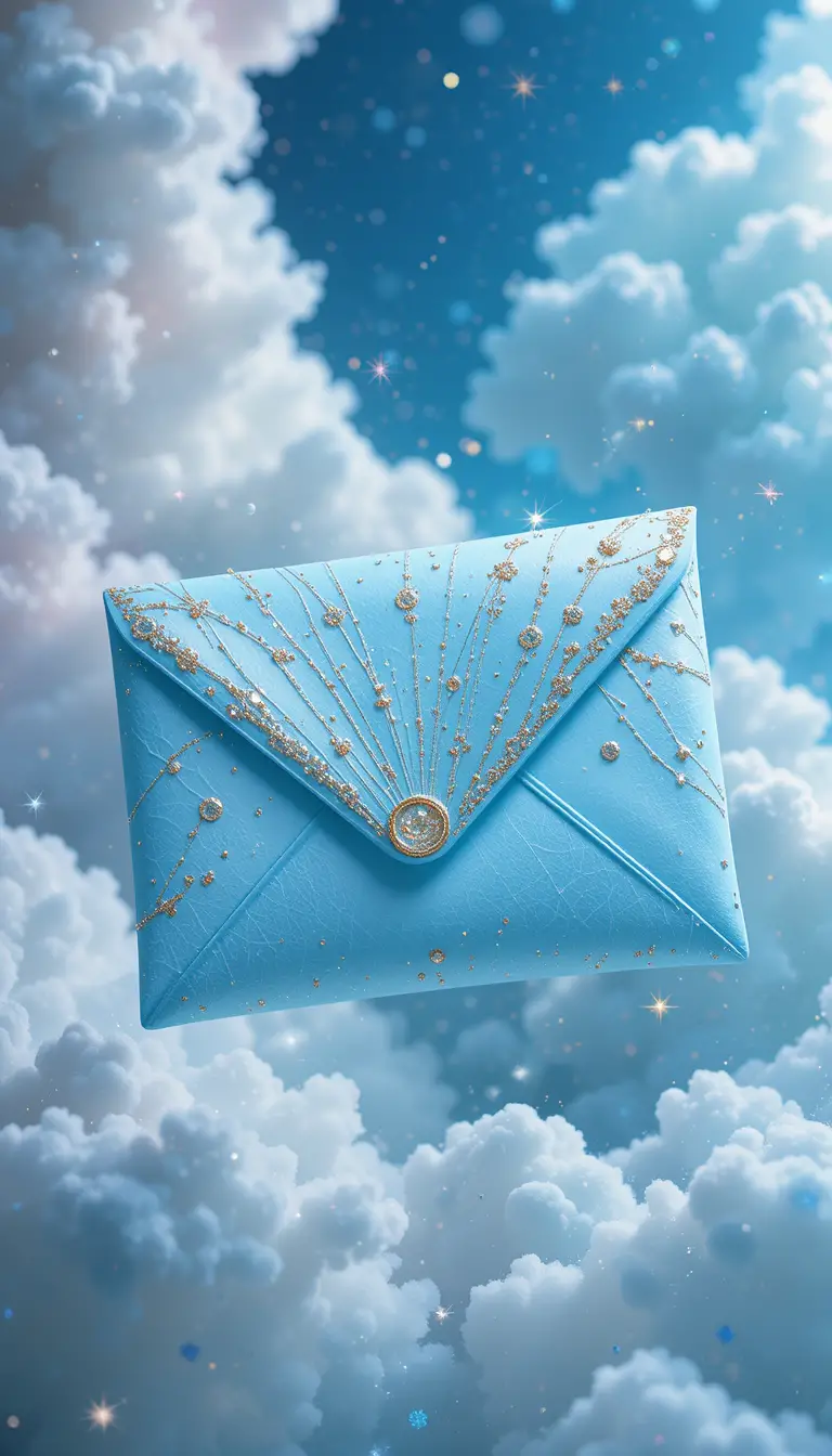 Delicate blue envelope floating in dreamy cloudy space