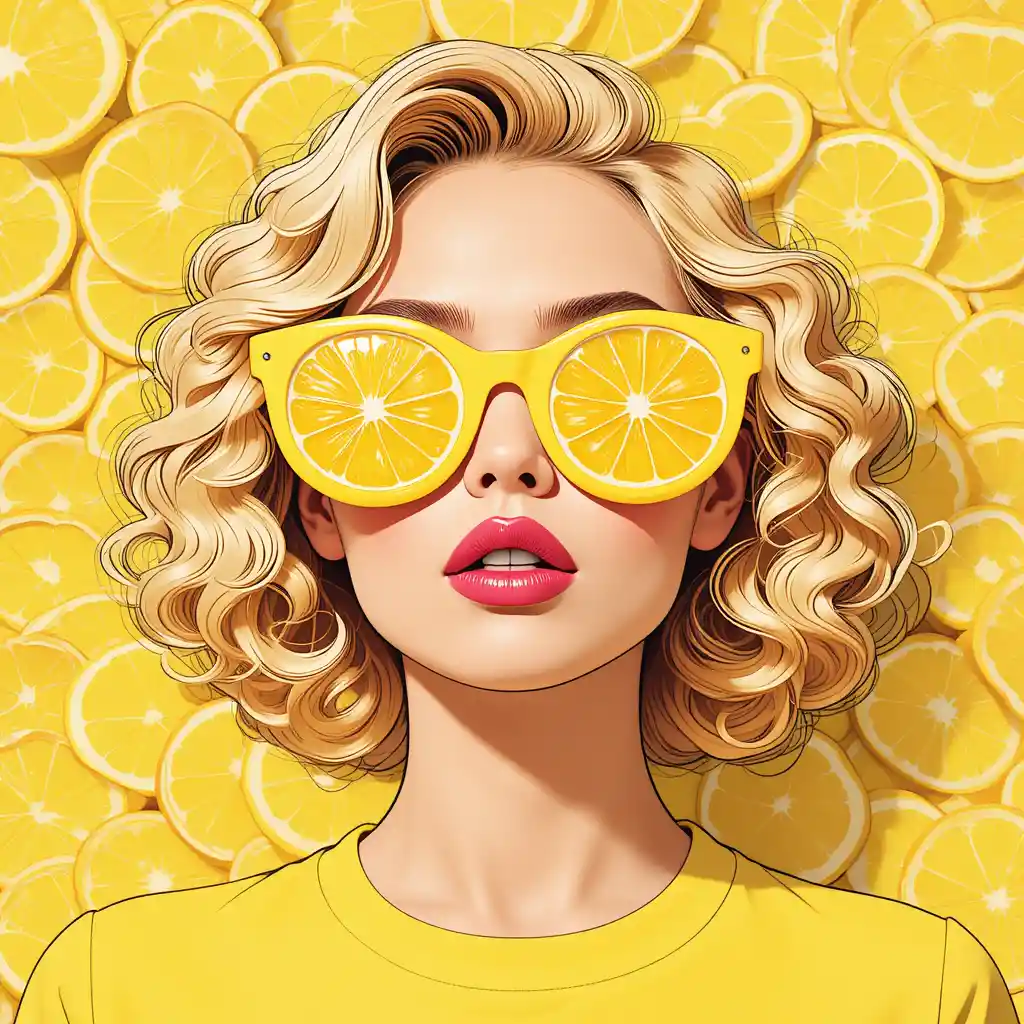 Playful woman with lemon sunglasses in abstract illustration