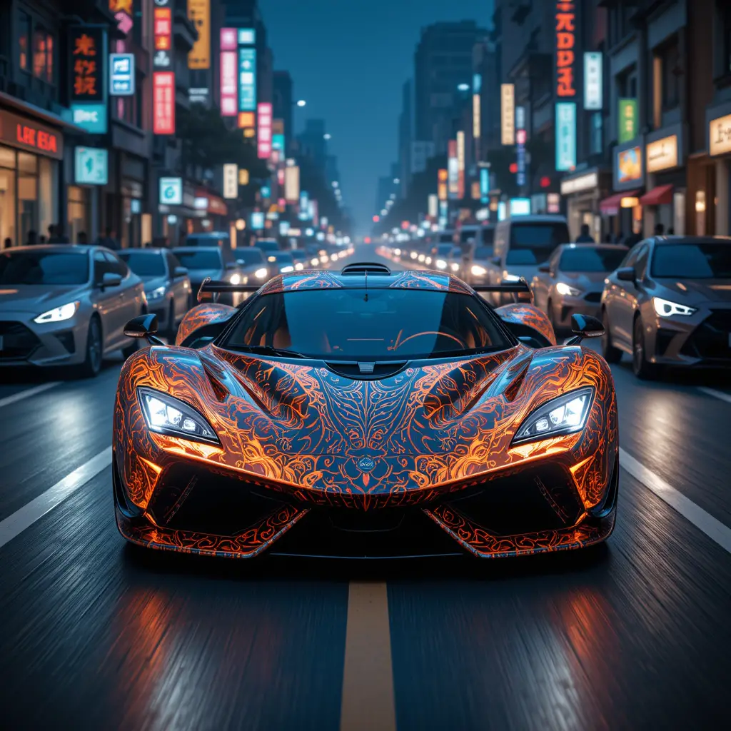 Cyberpunk fire car racing along a crowded city boulevard