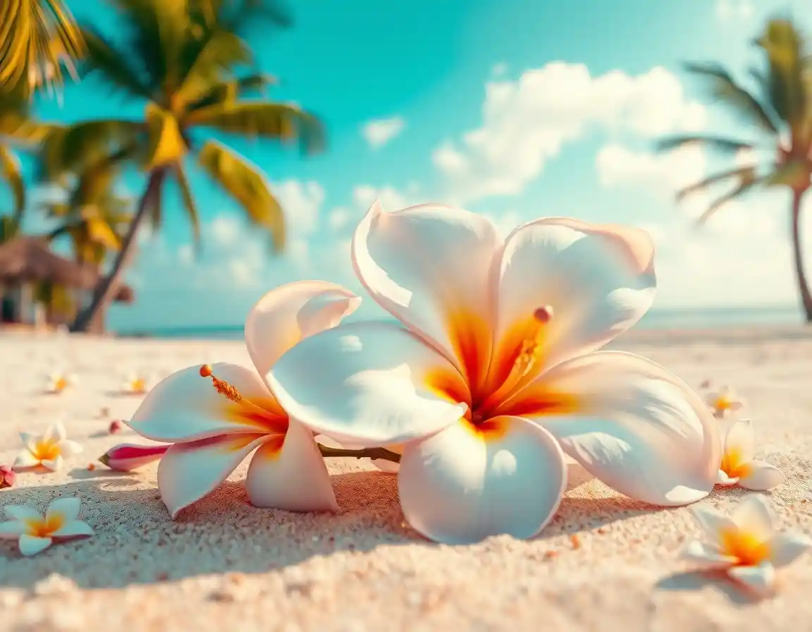Frangipani flower on sandy beach with palm trees