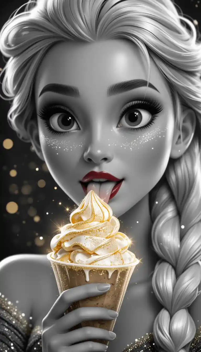 Affascinante donna bionda che lecca un gelato in un ritratto scuro