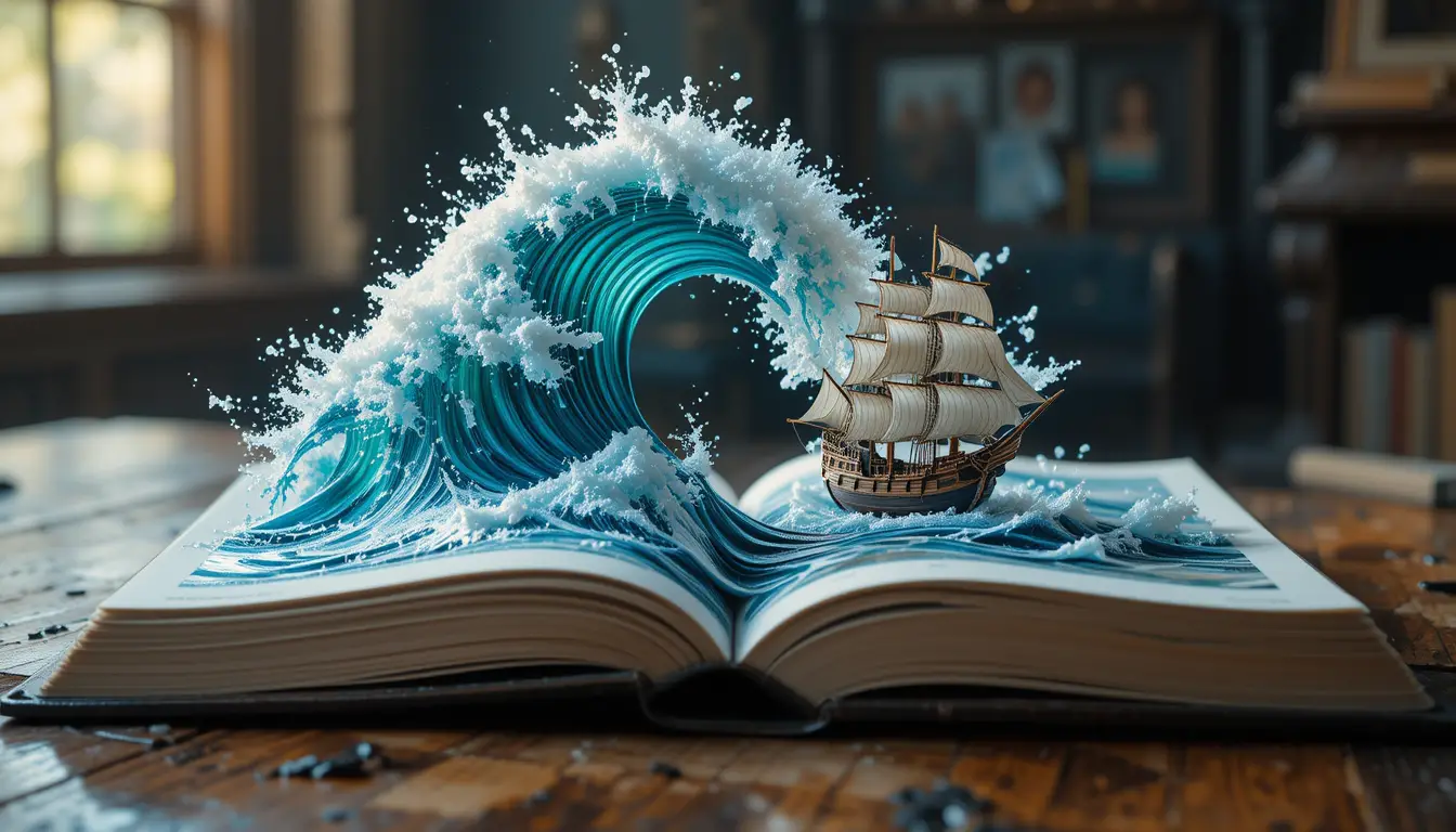 Hyperreal close up of an open book with erupting sea