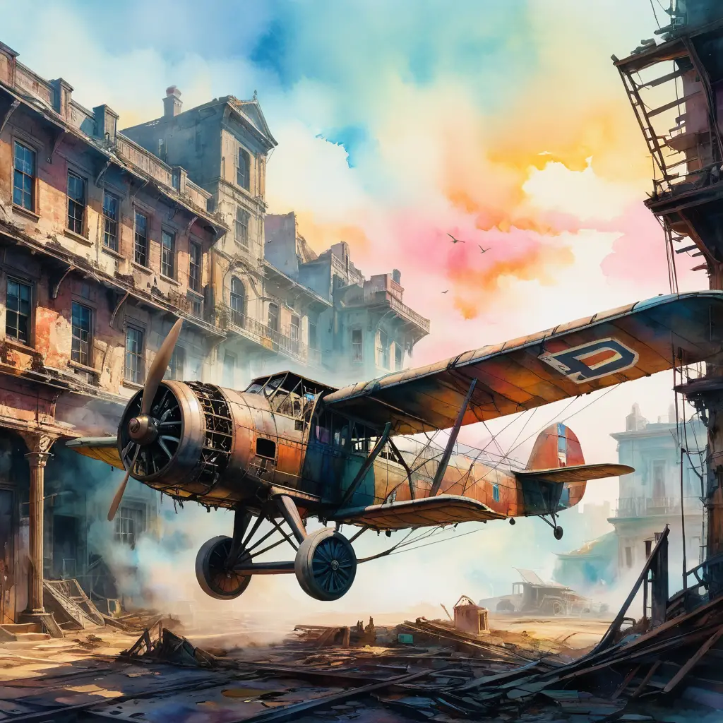 Dreamy watercolor flying machine over a dystopian skyline