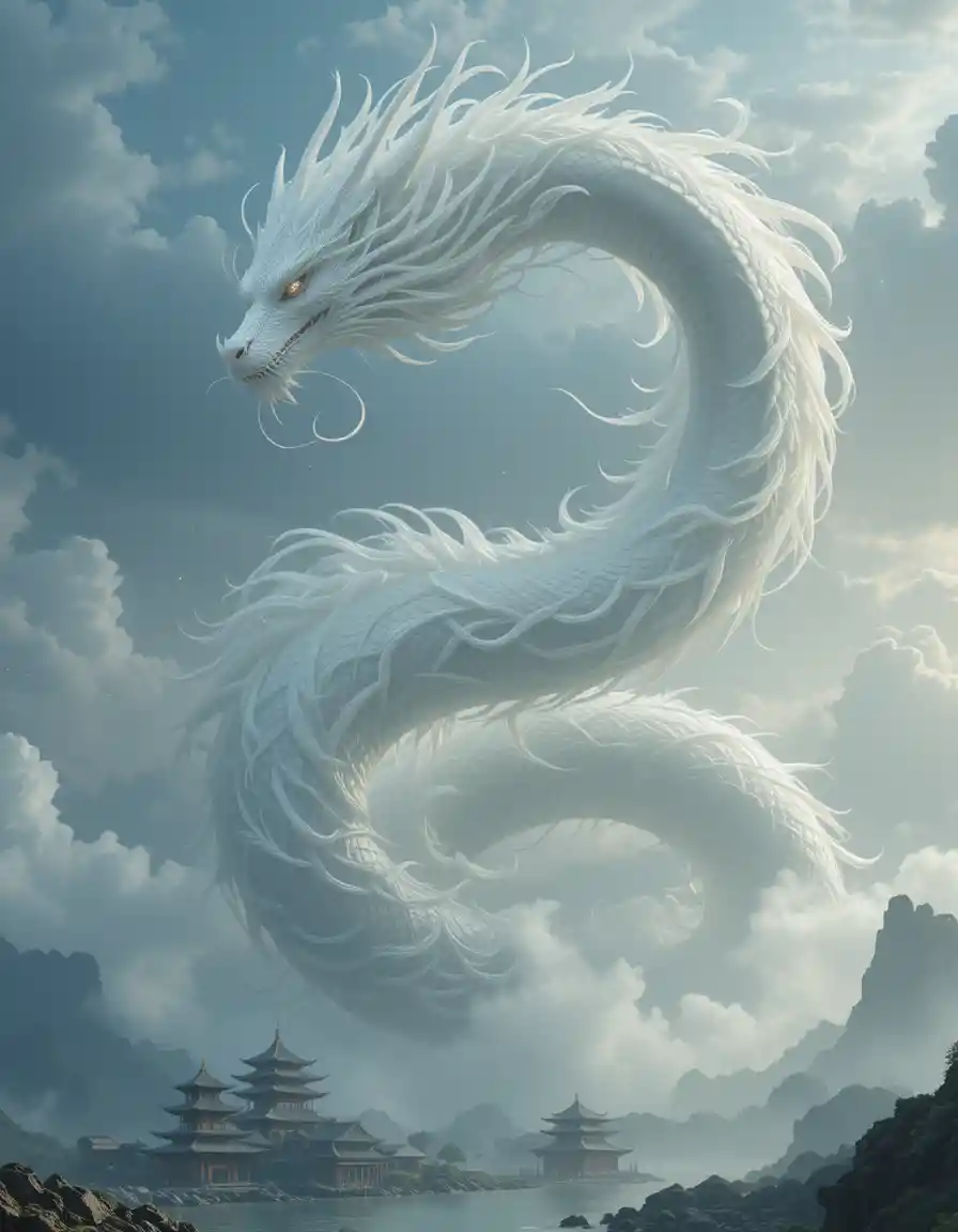 Maestoso drago orientale sopra templi in cieli nebbiosi