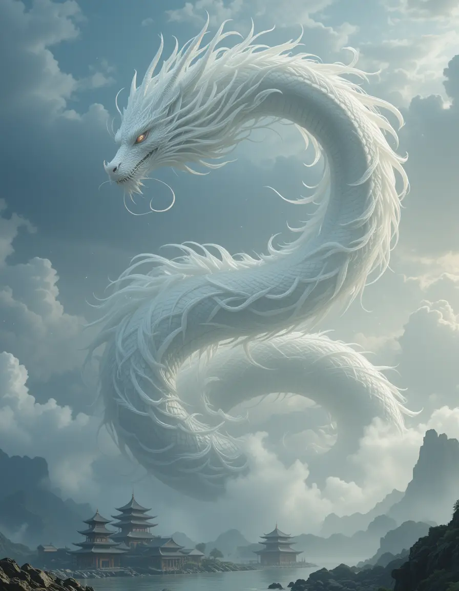 Majestic Eastern Dragon Above Temples In Misty Skies