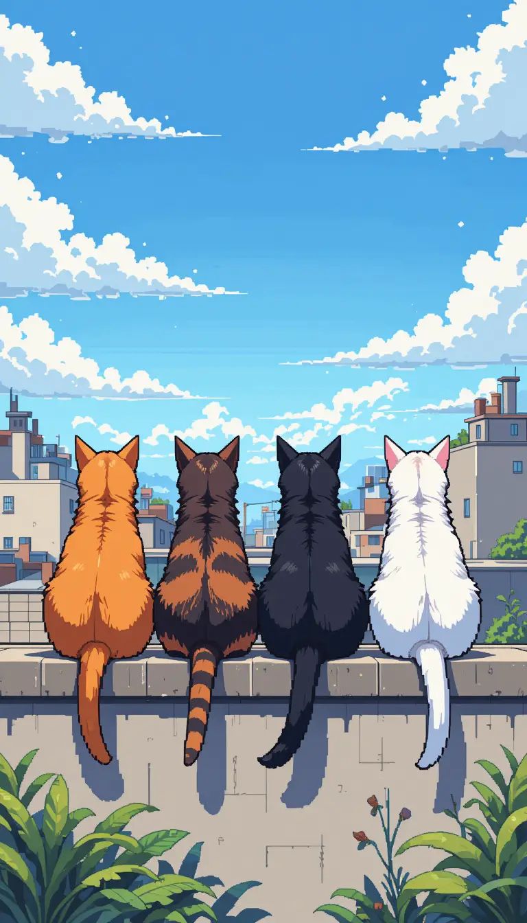 Four pixel art rooftop cats under a bright blue sky