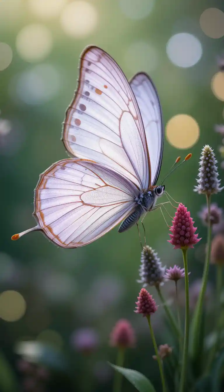 Delicate white butterfly in flight above soft meadow grasses
