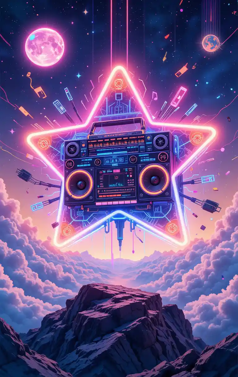 Neon anime stereo star floating in a cyberpunk sky