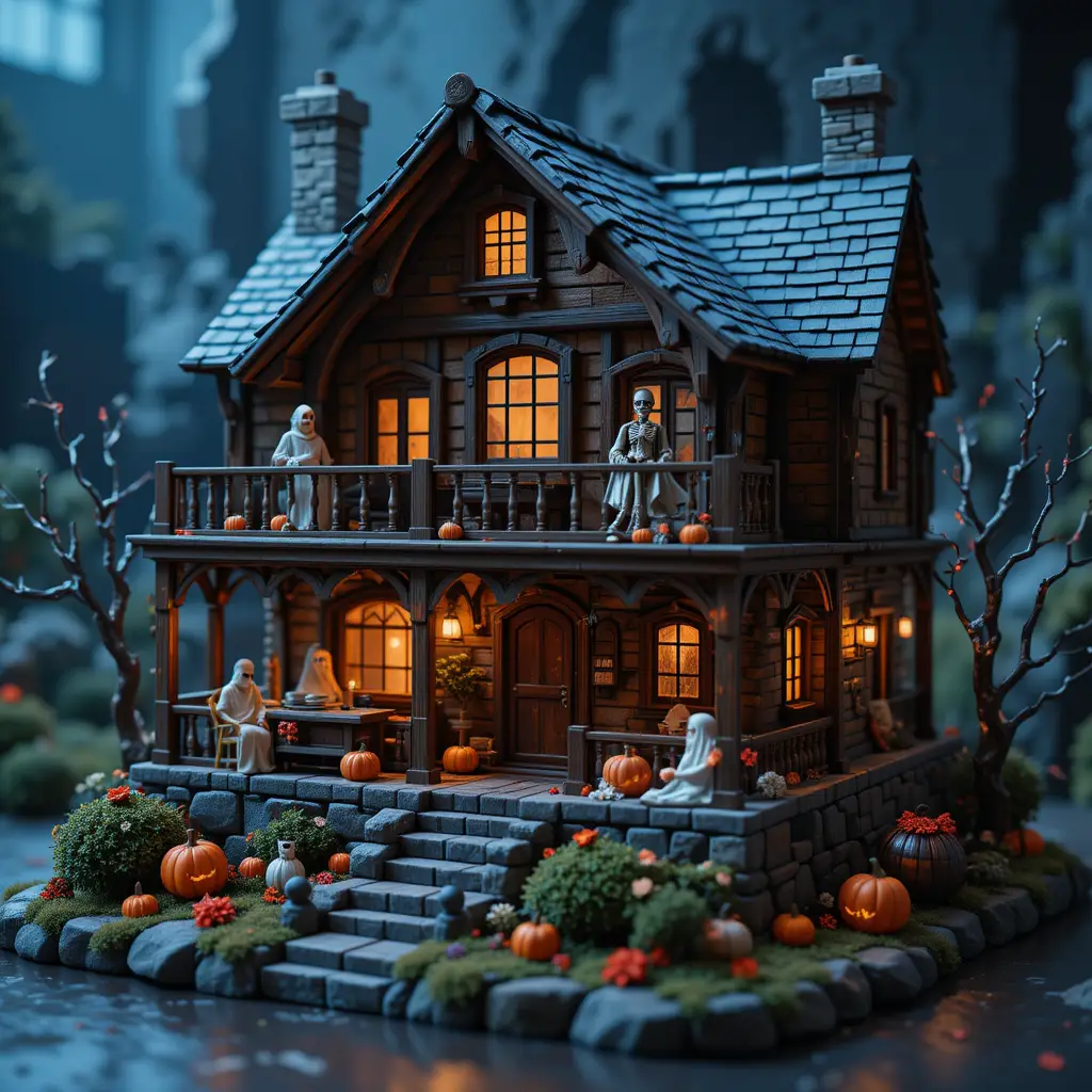 Isometric 3d cabin diorama with spooky halloween decor