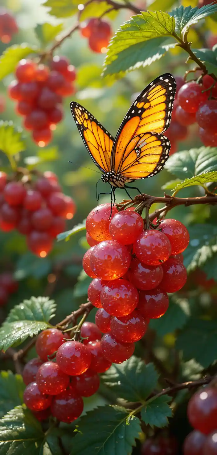 Glassy currant berries glowing in a lush green garden
