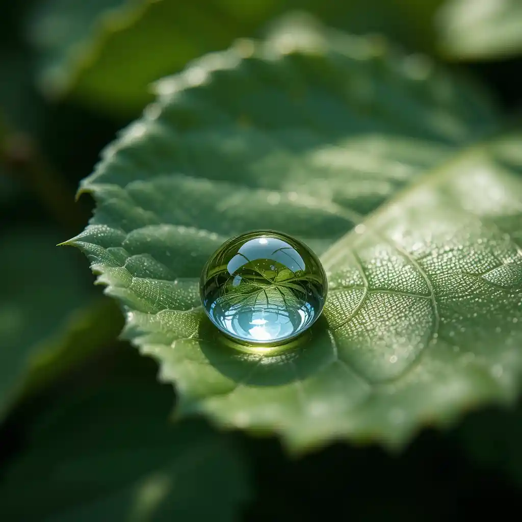 Sunlit water droplet resting in a curved leaf