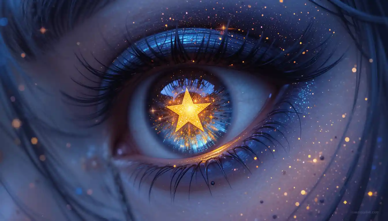 Girl portrait with golden star shaped pupils and galaxy eyeshadow