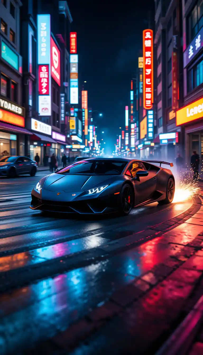 Lamborghini drifant dans les rues d’une ville néon la nuit