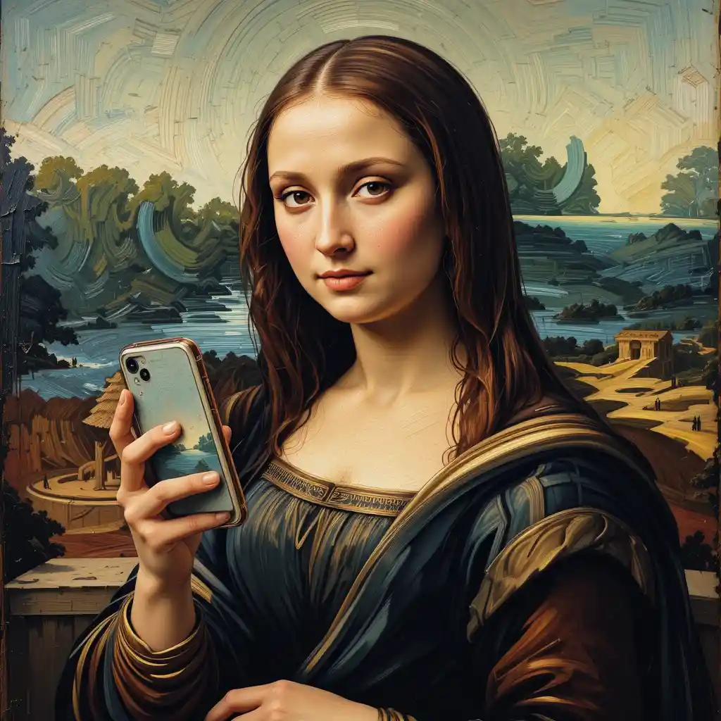 モナ・リザに着想を得た女性がスマートフォンを持つ姿