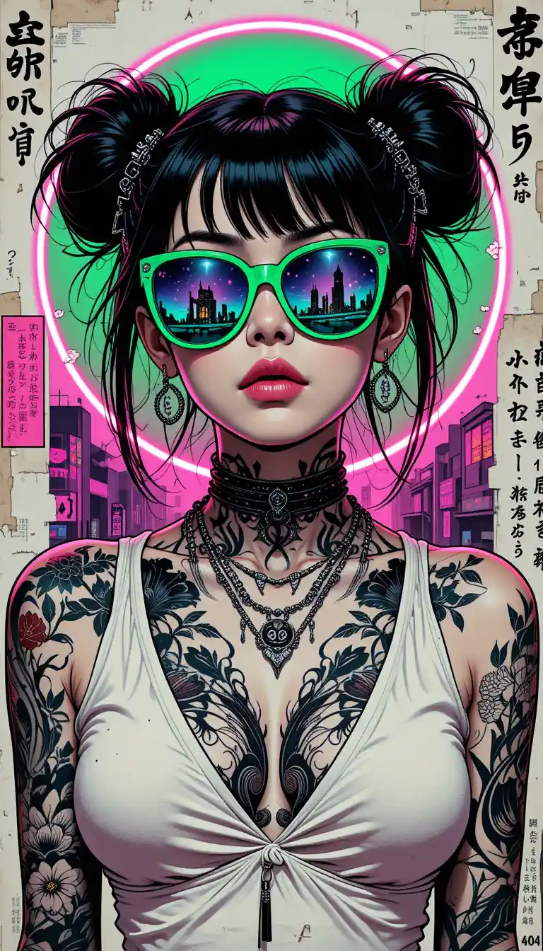 Tattooed woman portrait with neon cyberpunk city reflection