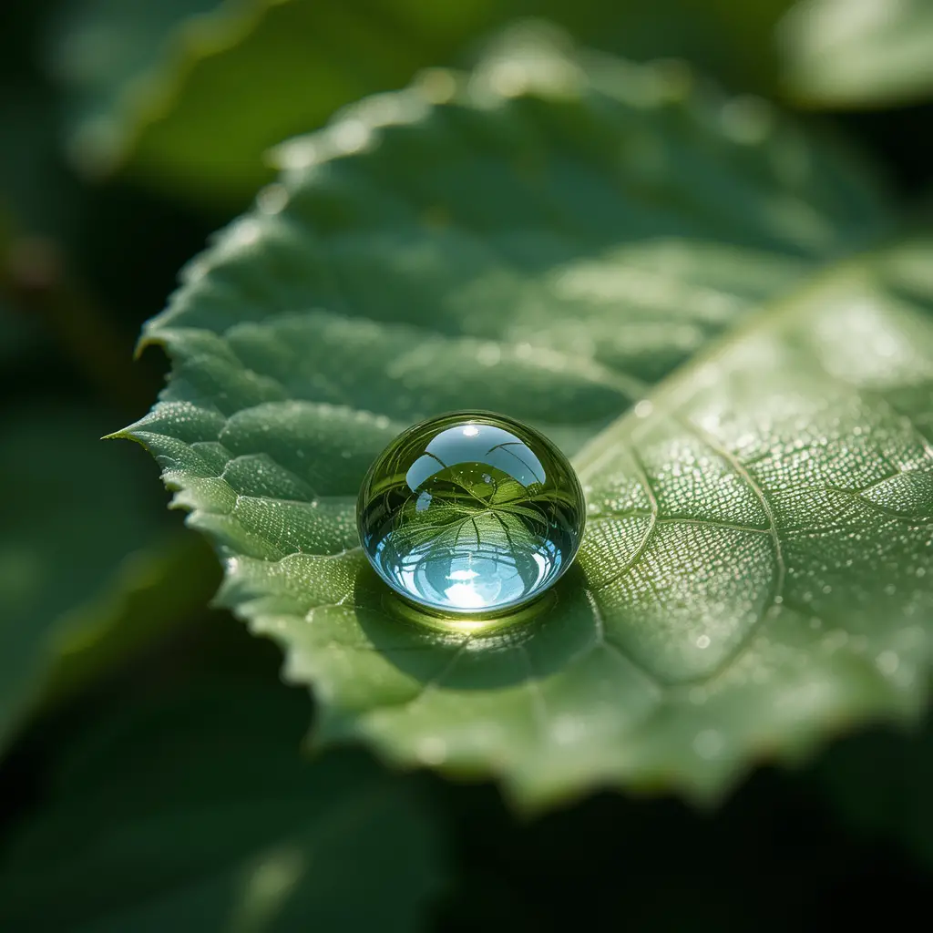 Sunlit water droplet resting in a curved leaf