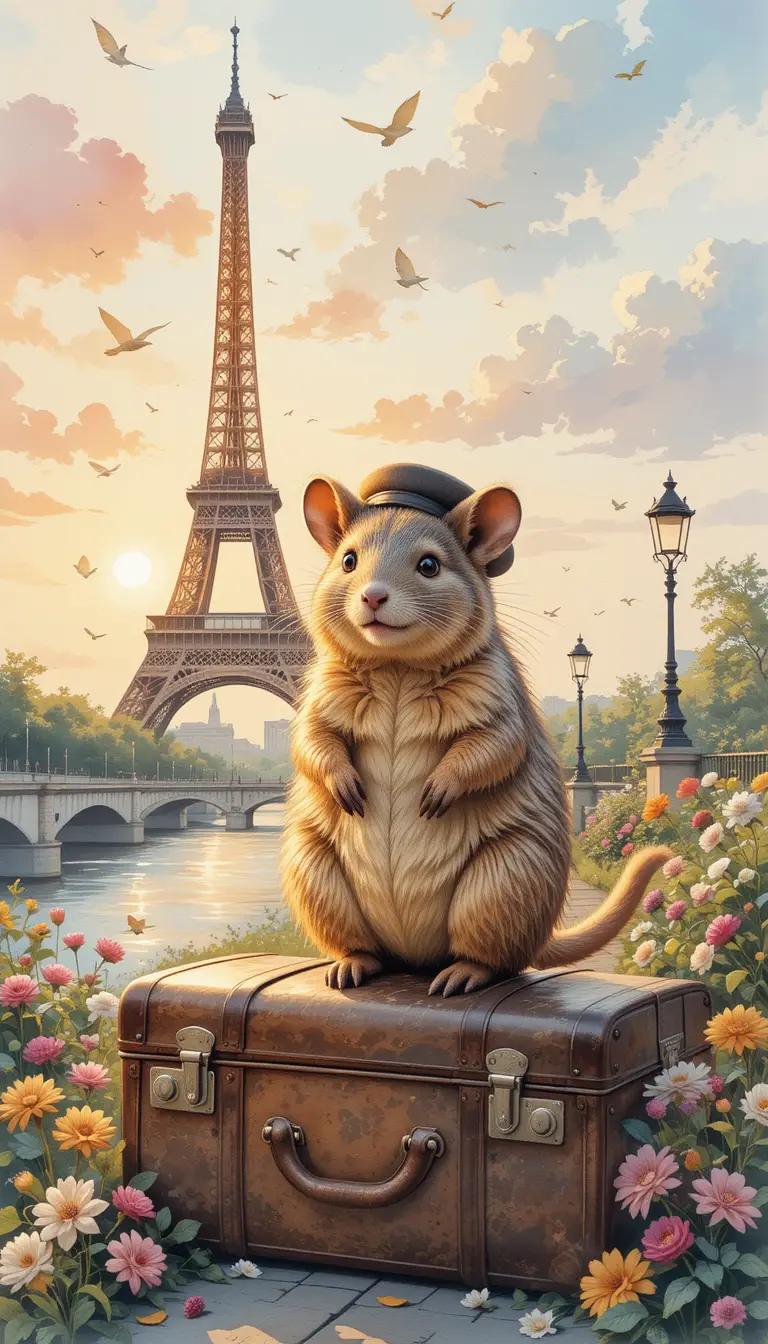 Quokka Sitting On Vintage Suitcase Near Eiffel Tower